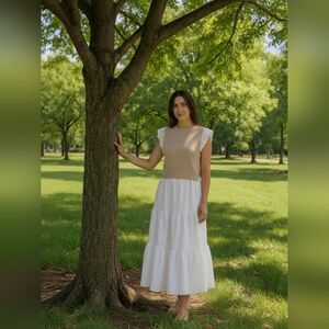 Mixed Sweater Vest Midi Dress White Beige L